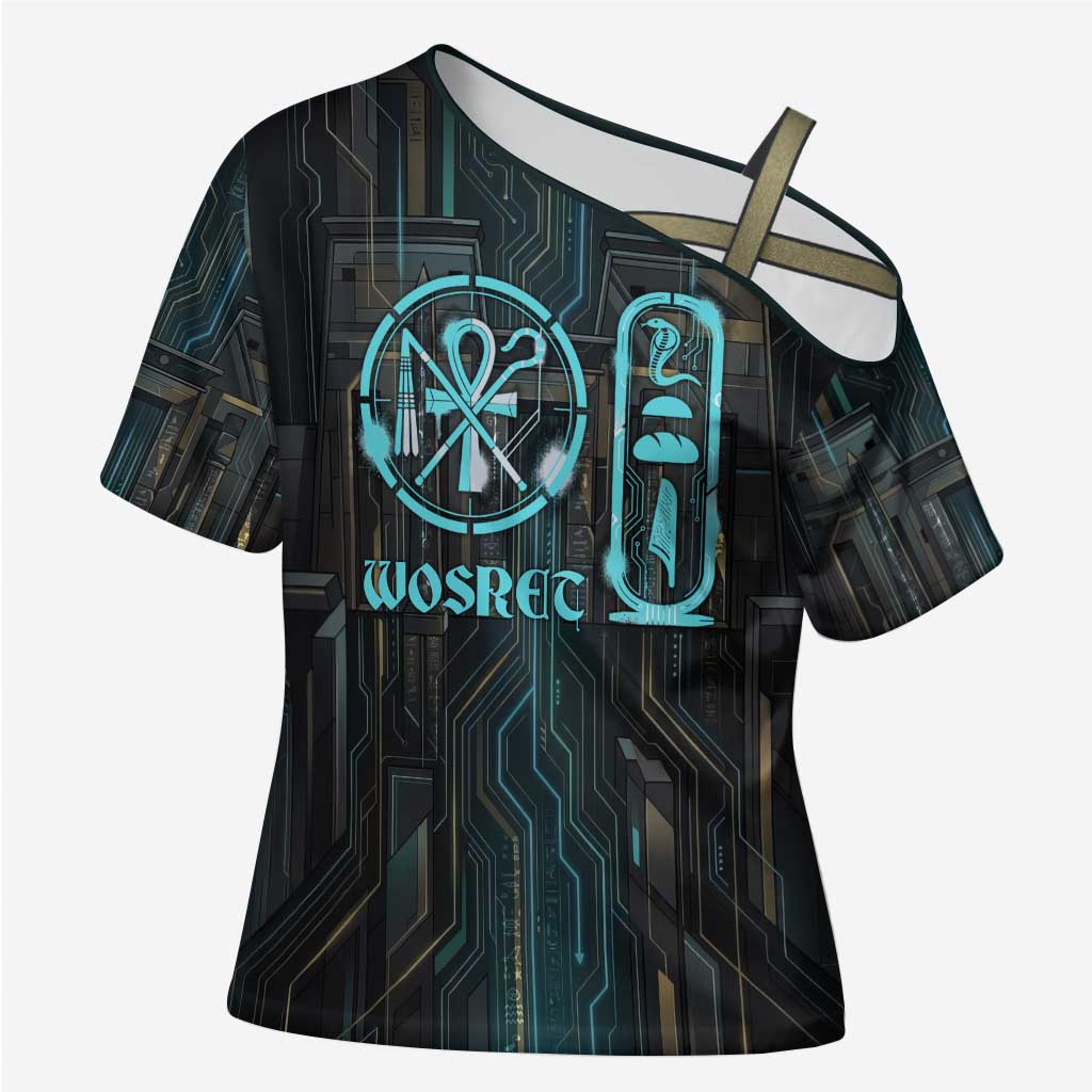 Wosret Winged Crown Cross Shoulder Shirt Egyptian Cyber Circuit Design in Futuristic Blue Theme