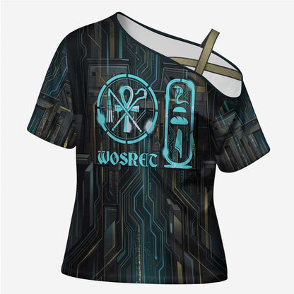 Wosret Winged Crown Cross Shoulder Shirt Egyptian Cyber Circuit Design in Futuristic Blue Theme