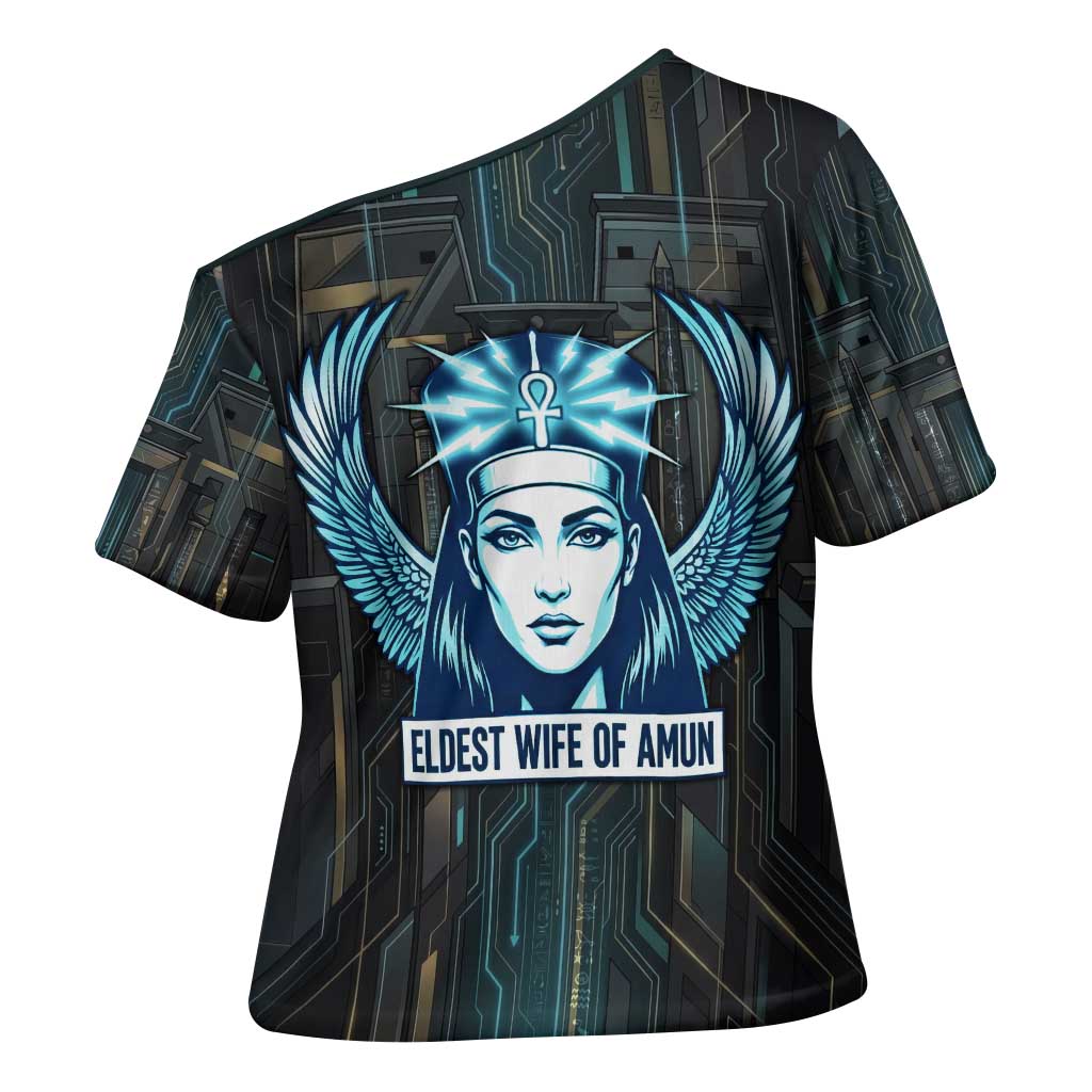 Wosret Winged Crown Cross Shoulder Shirt Egyptian Cyber Circuit Design in Futuristic Blue Theme