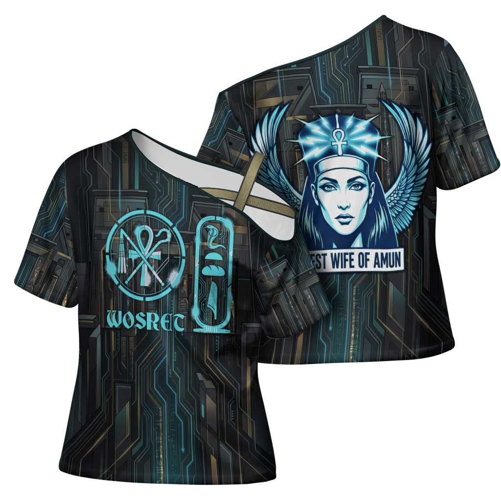 Wosret Winged Crown Cross Shoulder Shirt Egyptian Cyber Circuit Design in Futuristic Blue Theme