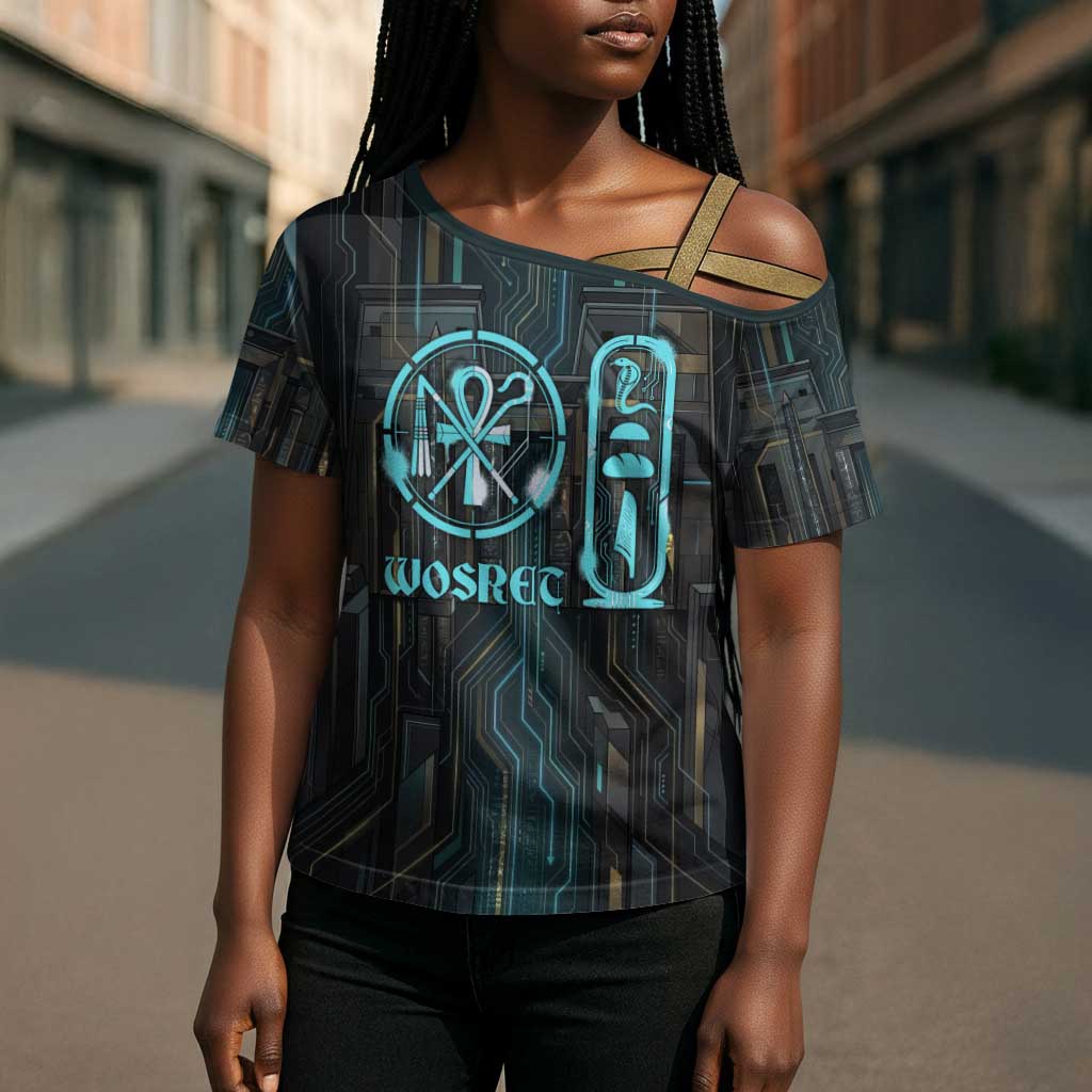 Wosret Winged Crown Cross Shoulder Shirt Egyptian Cyber Circuit Design in Futuristic Blue Theme