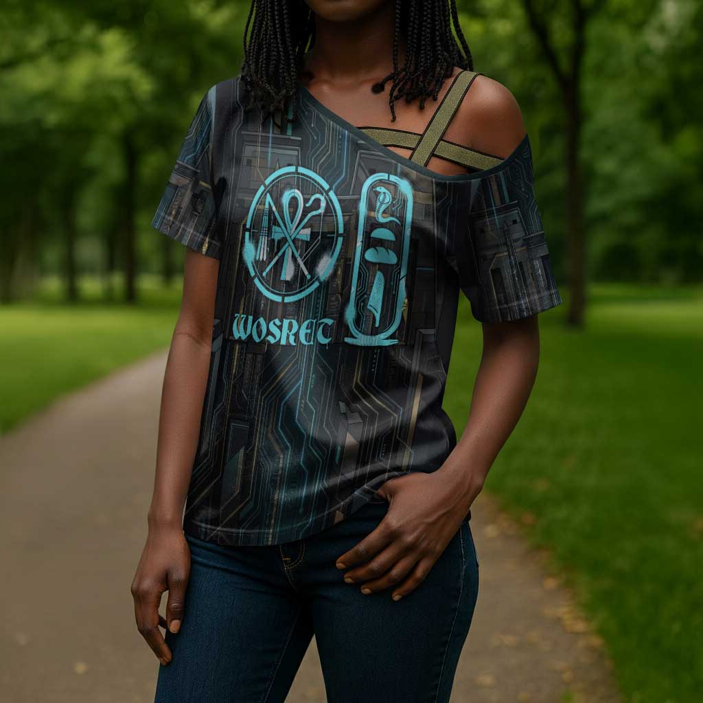 Wosret Winged Crown Cross Shoulder Shirt Egyptian Cyber Circuit Design in Futuristic Blue Theme