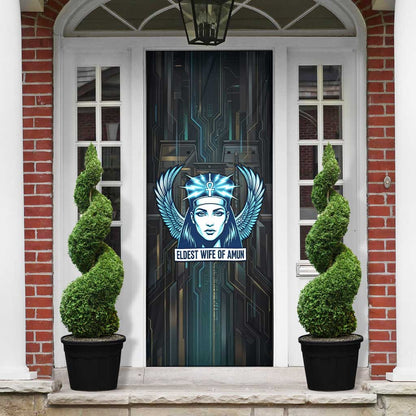 Wosret Winged Crown Door Cover Egyptian Cyber Circuit Design in Futuristic Blue Theme