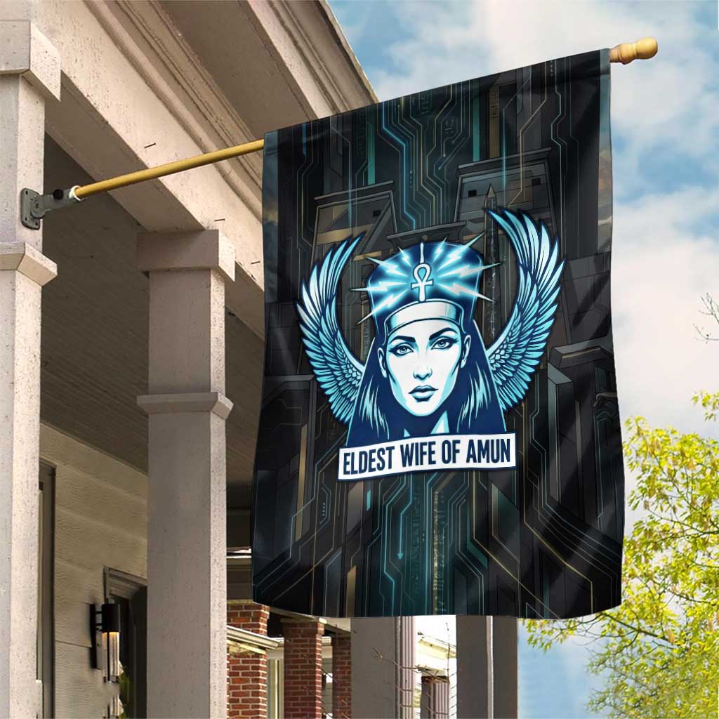 Wosret Winged Crown Garden Flag Egyptian Cyber Circuit Design in Futuristic Blue Theme