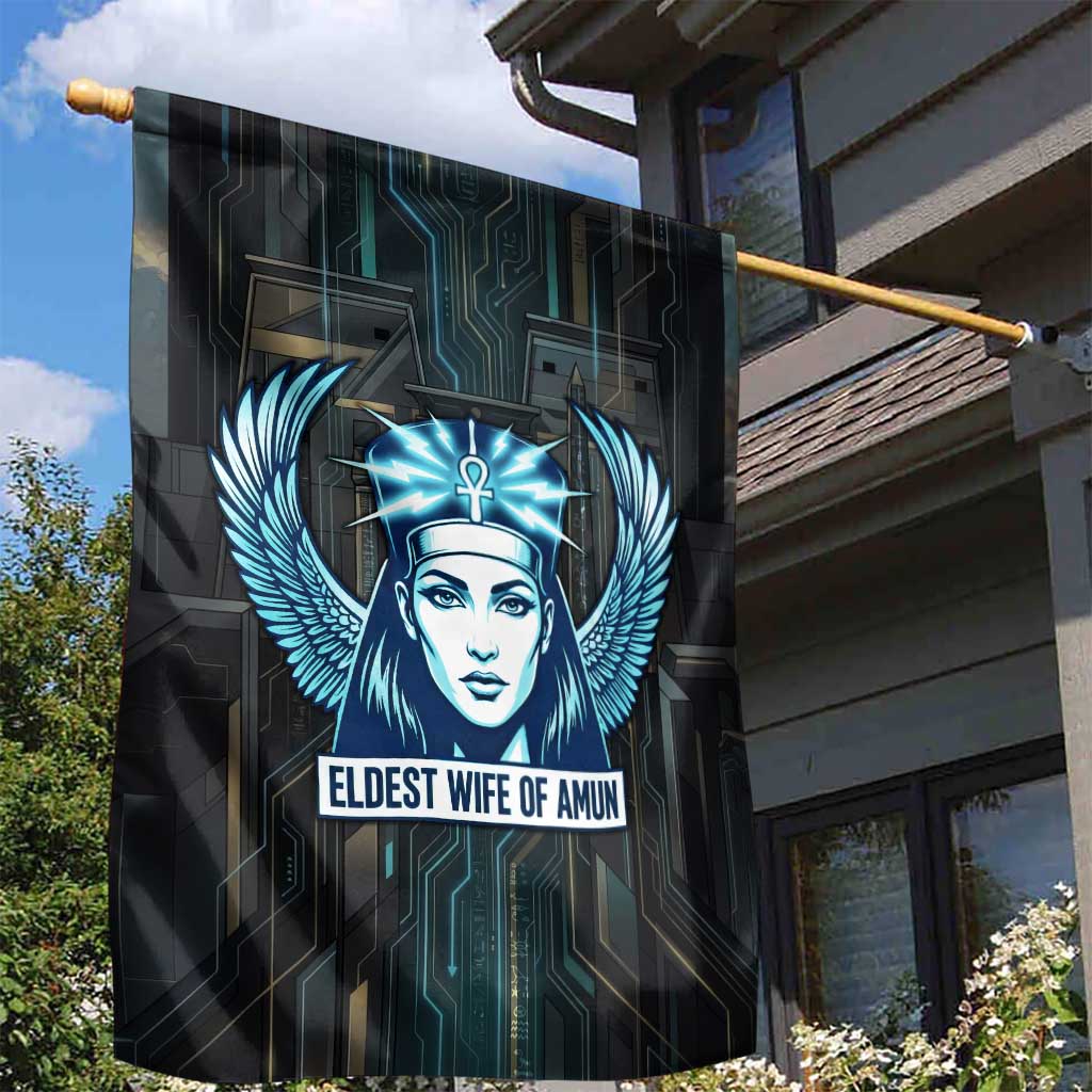 Wosret Winged Crown Garden Flag Egyptian Cyber Circuit Design in Futuristic Blue Theme