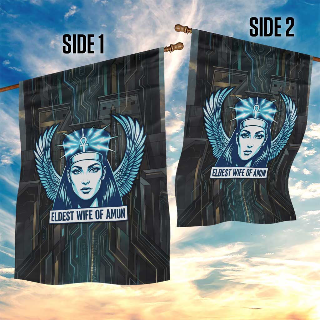 Wosret Winged Crown Garden Flag Egyptian Cyber Circuit Design in Futuristic Blue Theme