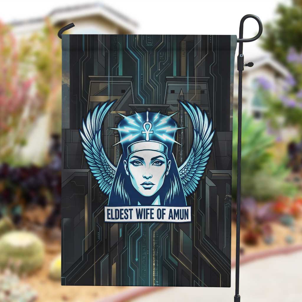 Wosret Winged Crown Garden Flag Egyptian Cyber Circuit Design in Futuristic Blue Theme