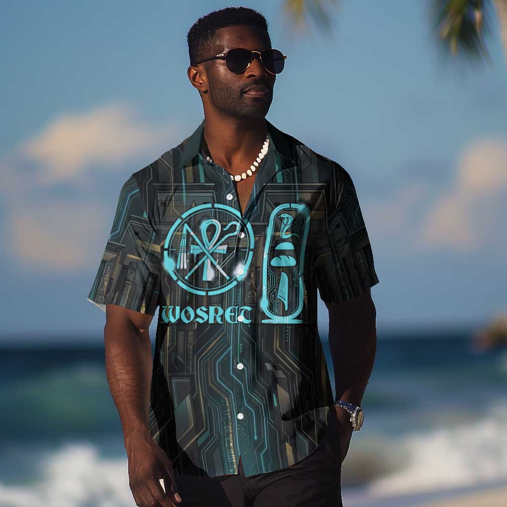 Wosret Winged Crown Hawaiian Shirt Egyptian Cyber Circuit Design in Futuristic Blue Theme
