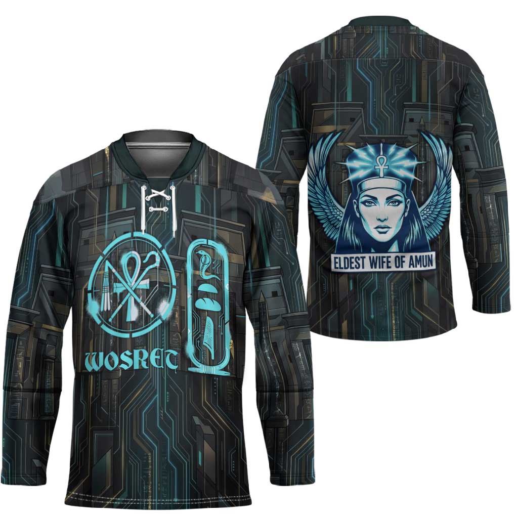 Wosret Winged Crown Hockey Jersey Egyptian Cyber Circuit Design in Futuristic Blue Theme