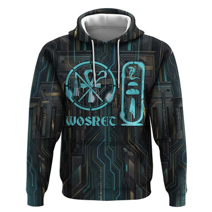 Wosret Winged Crown Hoodie Egyptian Cyber Circuit Design in Futuristic Blue Theme