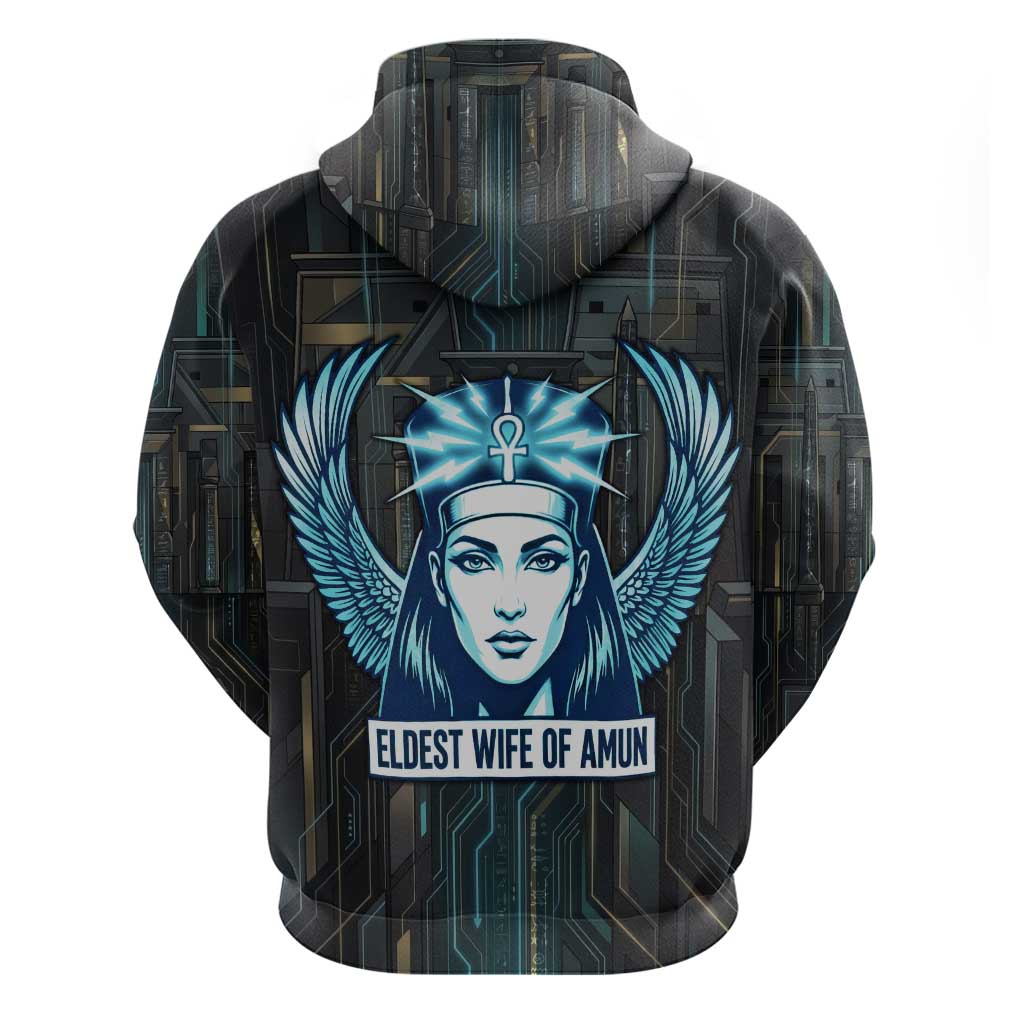 Wosret Winged Crown Hoodie Egyptian Cyber Circuit Design in Futuristic Blue Theme