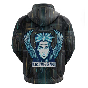 Wosret Winged Crown Hoodie Egyptian Cyber Circuit Design in Futuristic Blue Theme