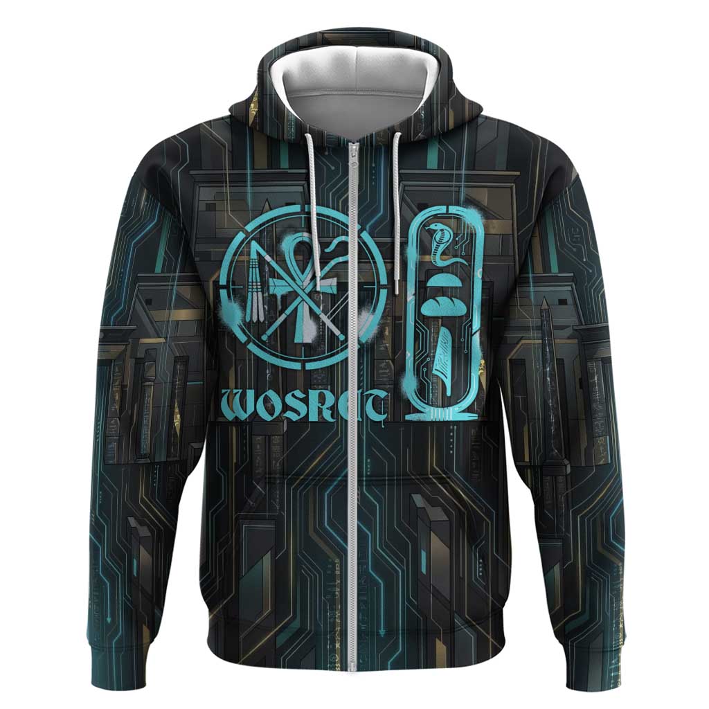 Wosret Winged Crown Hoodie Egyptian Cyber Circuit Design in Futuristic Blue Theme