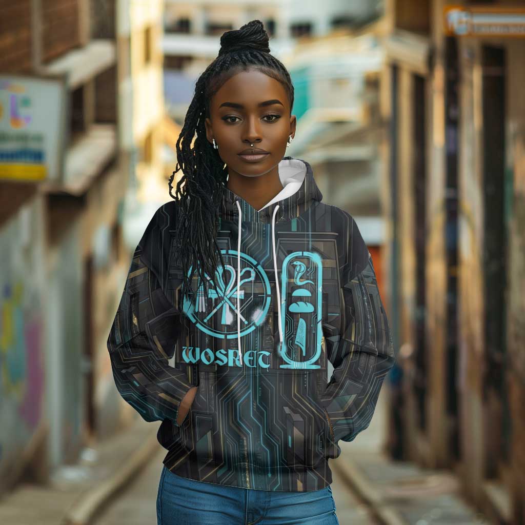 Wosret Winged Crown Hoodie Egyptian Cyber Circuit Design in Futuristic Blue Theme