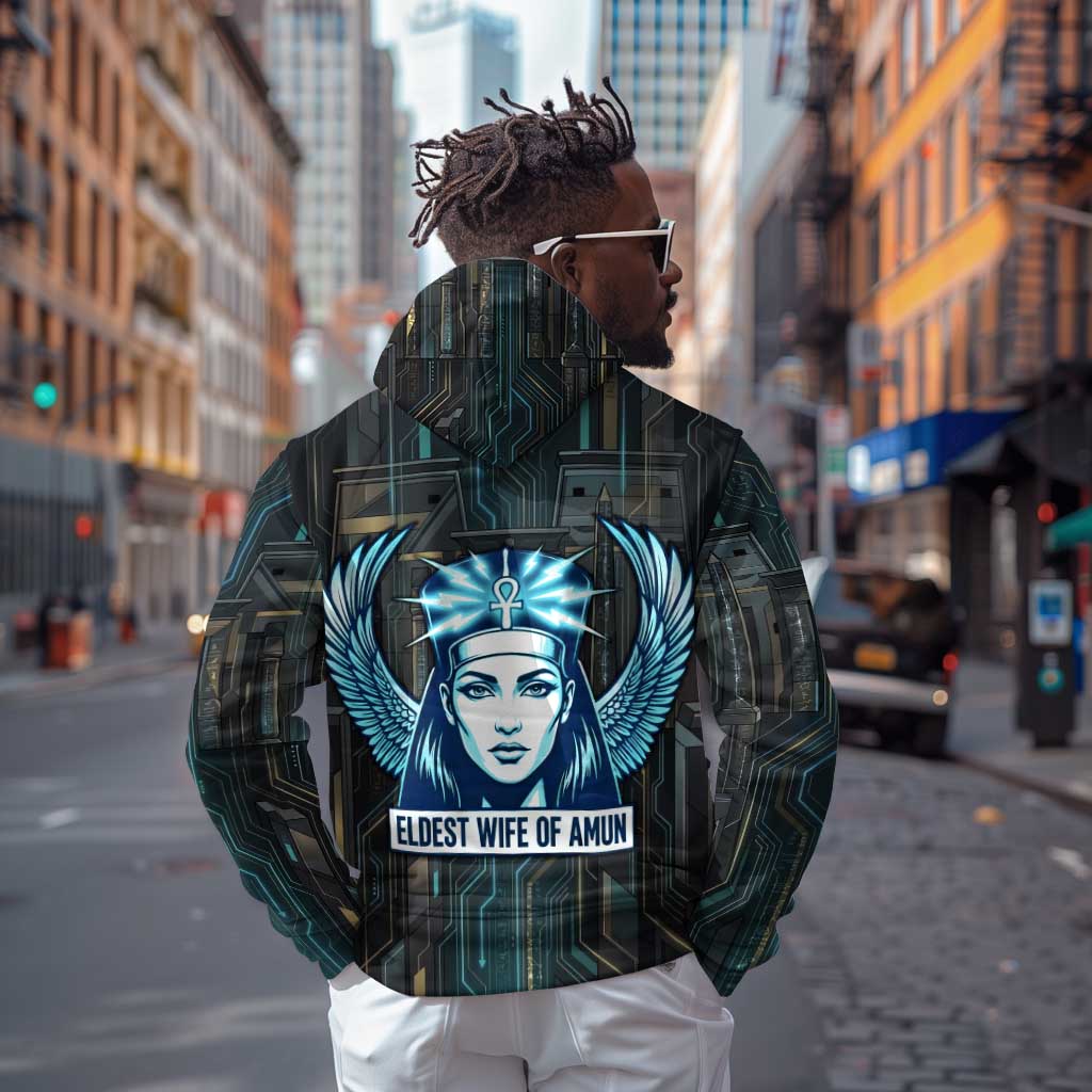 Wosret Winged Crown Hoodie Egyptian Cyber Circuit Design in Futuristic Blue Theme