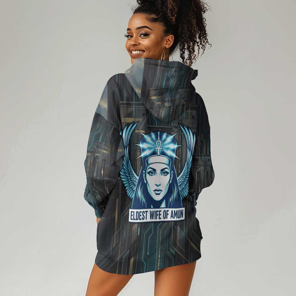 Wosret Winged Crown Hoodie Dress Egyptian Cyber Circuit Design in Futuristic Blue Theme