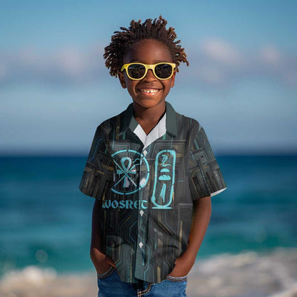Wosret Winged Crown Kid Hawaiian Shirt Egyptian Cyber Circuit Design in Futuristic Blue Theme