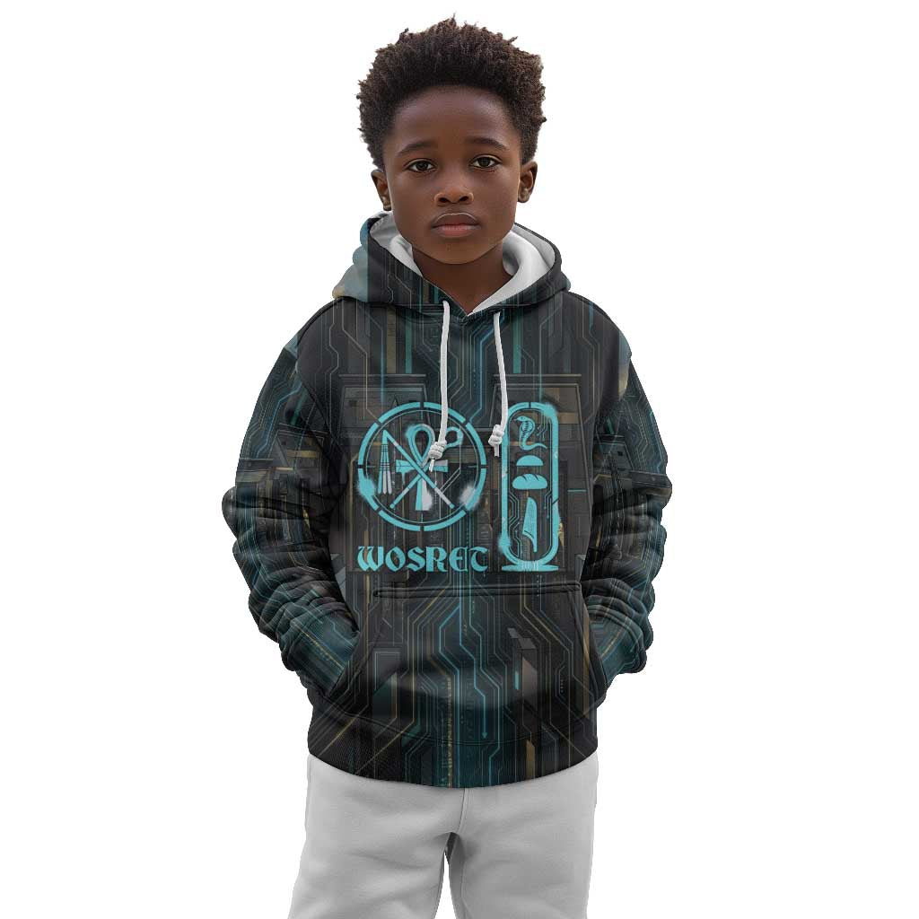 Wosret Winged Crown Kid Hoodie Egyptian Cyber Circuit Design in Futuristic Blue Theme