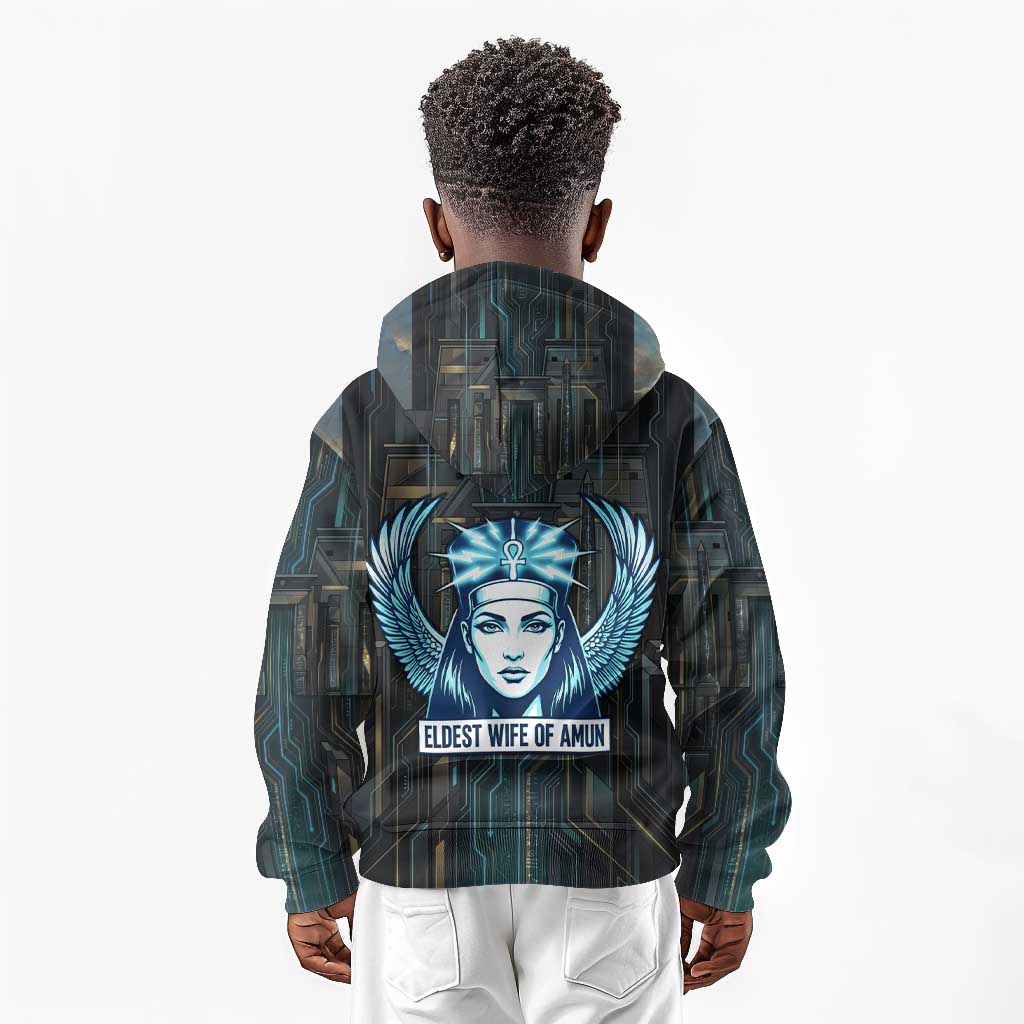 Wosret Winged Crown Kid Hoodie Egyptian Cyber Circuit Design in Futuristic Blue Theme