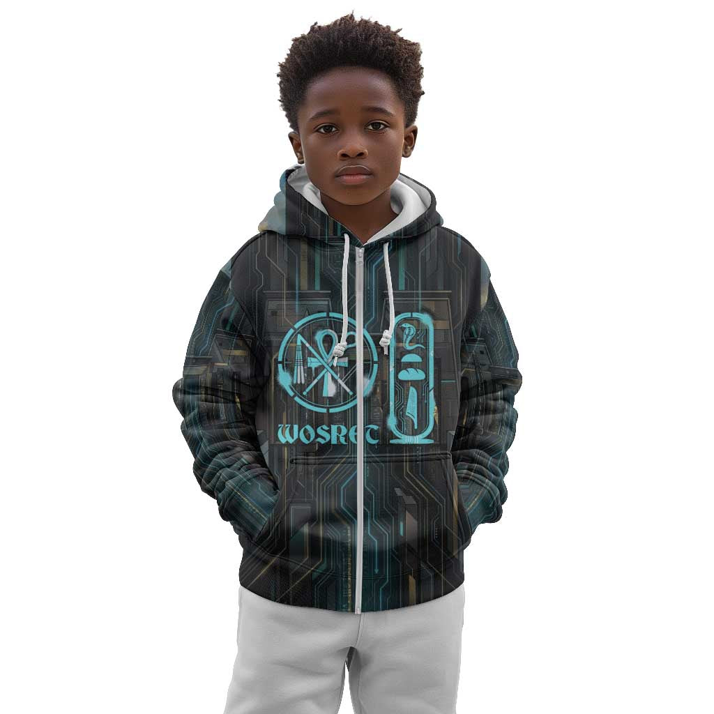 Wosret Winged Crown Kid Hoodie Egyptian Cyber Circuit Design in Futuristic Blue Theme