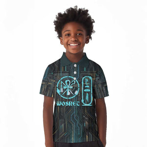 Wosret Winged Crown Kid Polo Shirt Egyptian Cyber Circuit Design in Futuristic Blue Theme