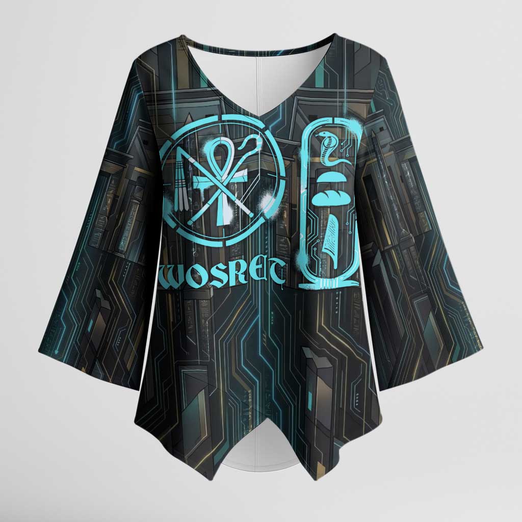 Wosret Winged Crown Kimono Sleeve Blouse Egyptian Cyber Circuit Design in Futuristic Blue Theme