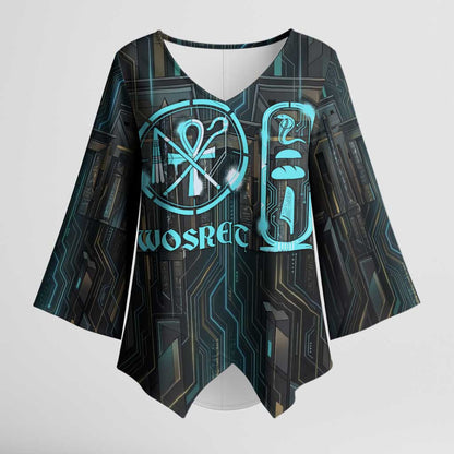 Wosret Winged Crown Kimono Sleeve Blouse Egyptian Cyber Circuit Design in Futuristic Blue Theme