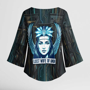 Wosret Winged Crown Kimono Sleeve Blouse Egyptian Cyber Circuit Design in Futuristic Blue Theme