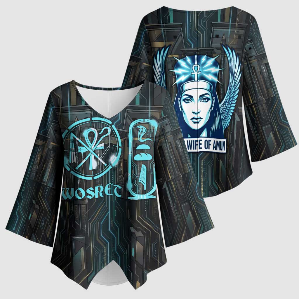 Wosret Winged Crown Kimono Sleeve Blouse Egyptian Cyber Circuit Design in Futuristic Blue Theme