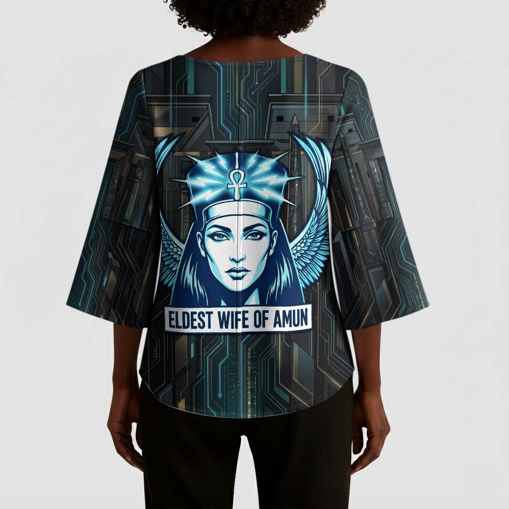 Wosret Winged Crown Kimono Sleeve Blouse Egyptian Cyber Circuit Design in Futuristic Blue Theme