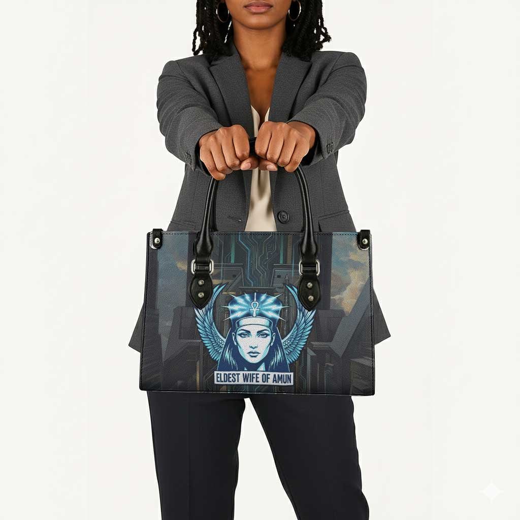 Wosret Winged Crown Leather Bag Egyptian Cyber Circuit Design in Futuristic Blue Theme