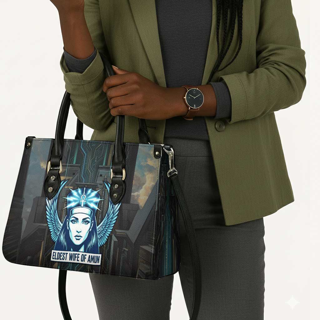 Wosret Winged Crown Leather Bag Egyptian Cyber Circuit Design in Futuristic Blue Theme