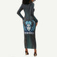 Wosret Winged Crown Long Sleeve Bodycon Dress Egyptian Cyber Circuit Design in Futuristic Blue Theme