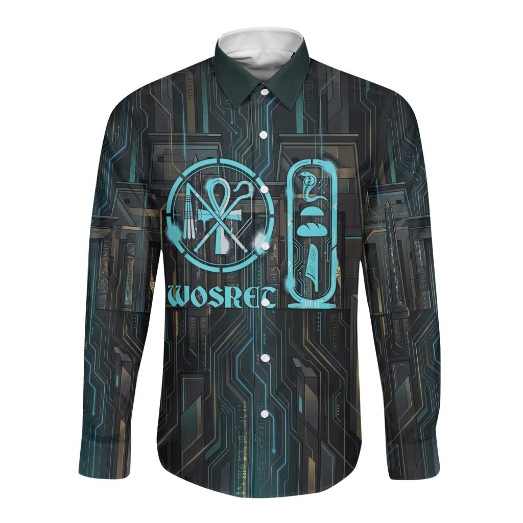 Wosret Winged Crown Long Sleeve Button Shirt Egyptian Cyber Circuit Design in Futuristic Blue Theme