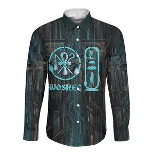Wosret Winged Crown Long Sleeve Button Shirt Egyptian Cyber Circuit Design in Futuristic Blue Theme