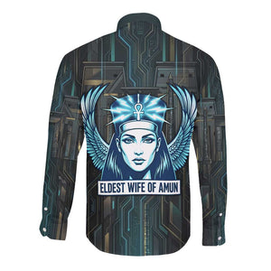 Wosret Winged Crown Long Sleeve Button Shirt Egyptian Cyber Circuit Design in Futuristic Blue Theme