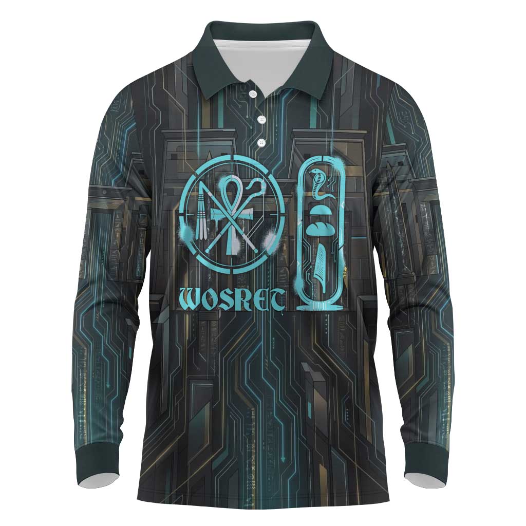 Wosret Winged Crown Long Sleeve Polo Shirt Egyptian Cyber Circuit Design in Futuristic Blue Theme