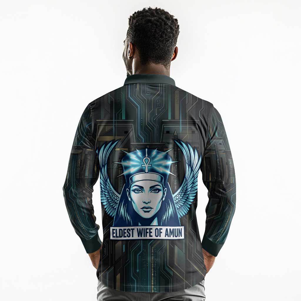 Wosret Winged Crown Long Sleeve Polo Shirt Egyptian Cyber Circuit Design in Futuristic Blue Theme