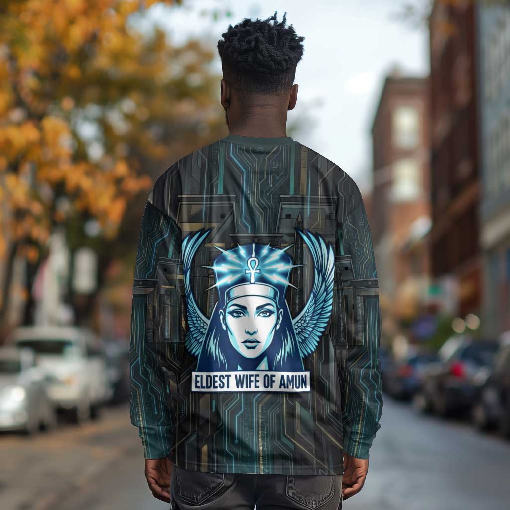 Wosret Winged Crown Long Sleeve Shirt Egyptian Cyber Circuit Design in Futuristic Blue Theme