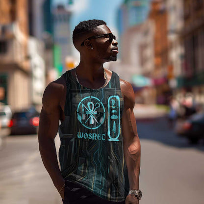 Wosret Winged Crown Men Tank Top Egyptian Cyber Circuit Design in Futuristic Blue Theme