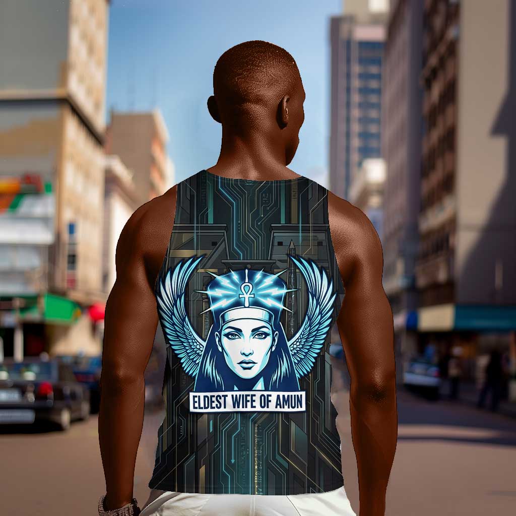Wosret Winged Crown Men Tank Top Egyptian Cyber Circuit Design in Futuristic Blue Theme