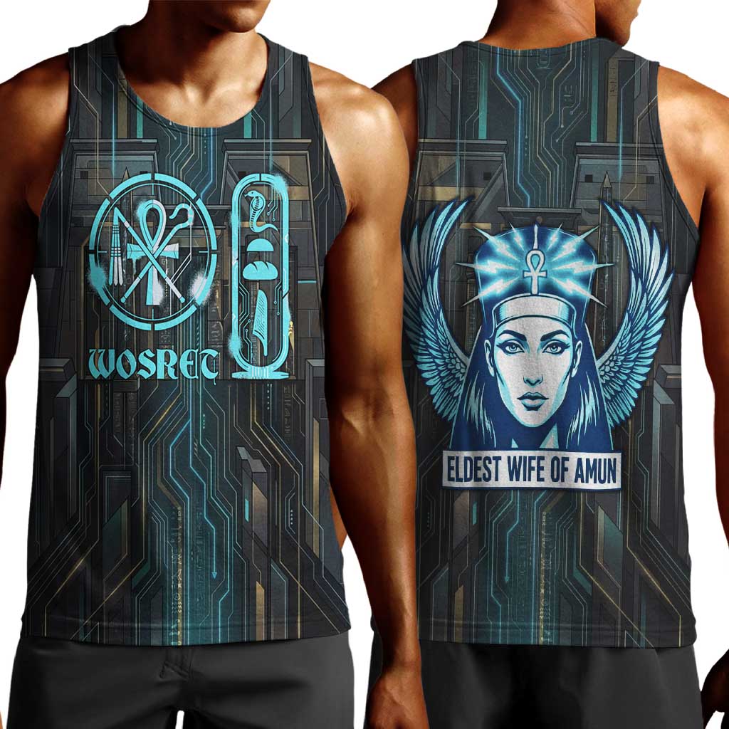 Wosret Winged Crown Men Tank Top Egyptian Cyber Circuit Design in Futuristic Blue Theme