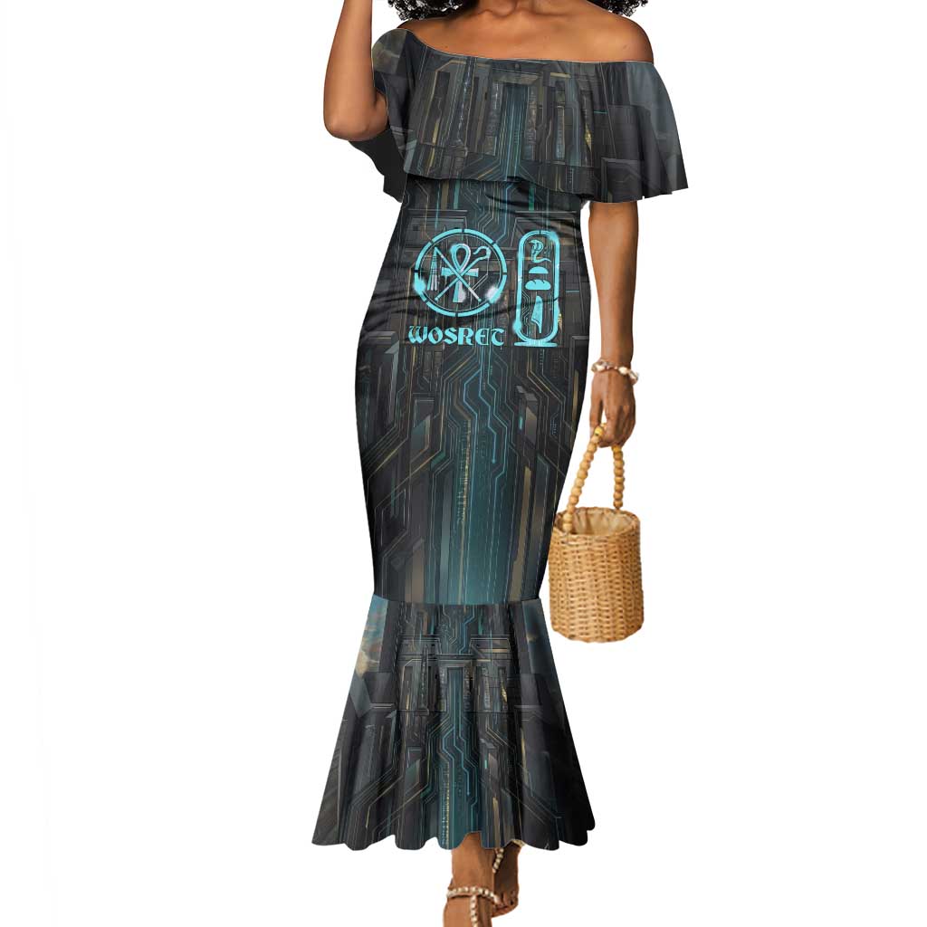 Wosret Winged Crown Mermaid Dress Egyptian Cyber Circuit Design in Futuristic Blue Theme