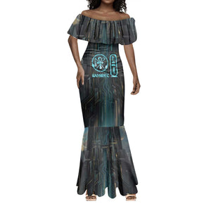 Wosret Winged Crown Mermaid Dress Egyptian Cyber Circuit Design in Futuristic Blue Theme