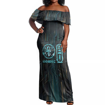 Wosret Winged Crown Off Shoulder Maxi Dress Egyptian Cyber Circuit Design in Futuristic Blue Theme