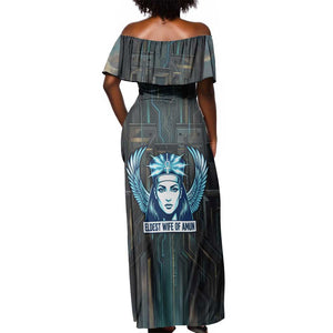 Wosret Winged Crown Off Shoulder Maxi Dress Egyptian Cyber Circuit Design in Futuristic Blue Theme