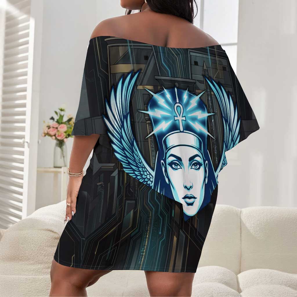 Wosret Winged Crown Off Shoulder Short Dress Egyptian Cyber Circuit Design in Futuristic Blue Theme