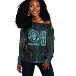 Wosret Winged Crown Off Shoulder Sweater Egyptian Cyber Circuit Design in Futuristic Blue Theme