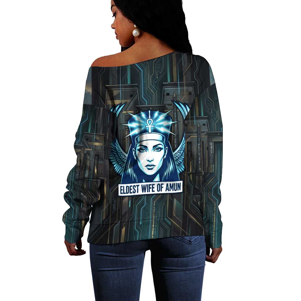 Wosret Winged Crown Off Shoulder Sweater Egyptian Cyber Circuit Design in Futuristic Blue Theme