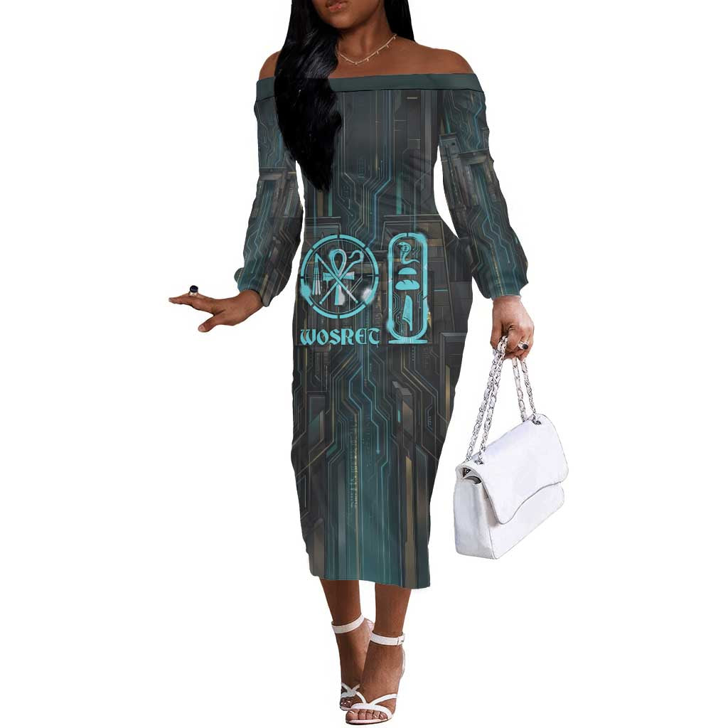 Wosret Winged Crown Off The Shoulder Long Sleeve Dress Egyptian Cyber Circuit Design in Futuristic Blue Theme